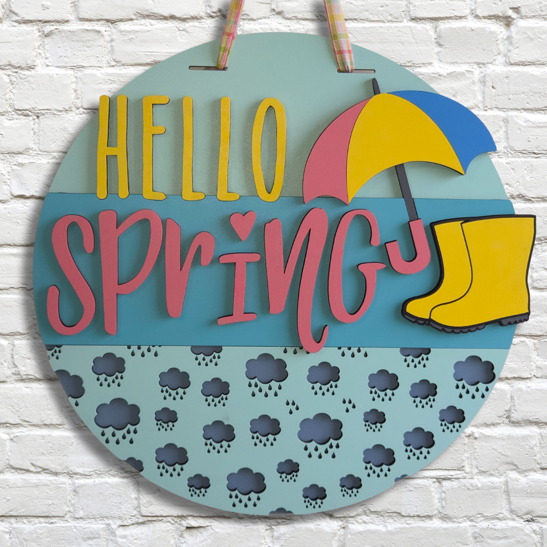 Hello Spring Door Hanger – Rain Boots & Umbrella Layered Wall Sign