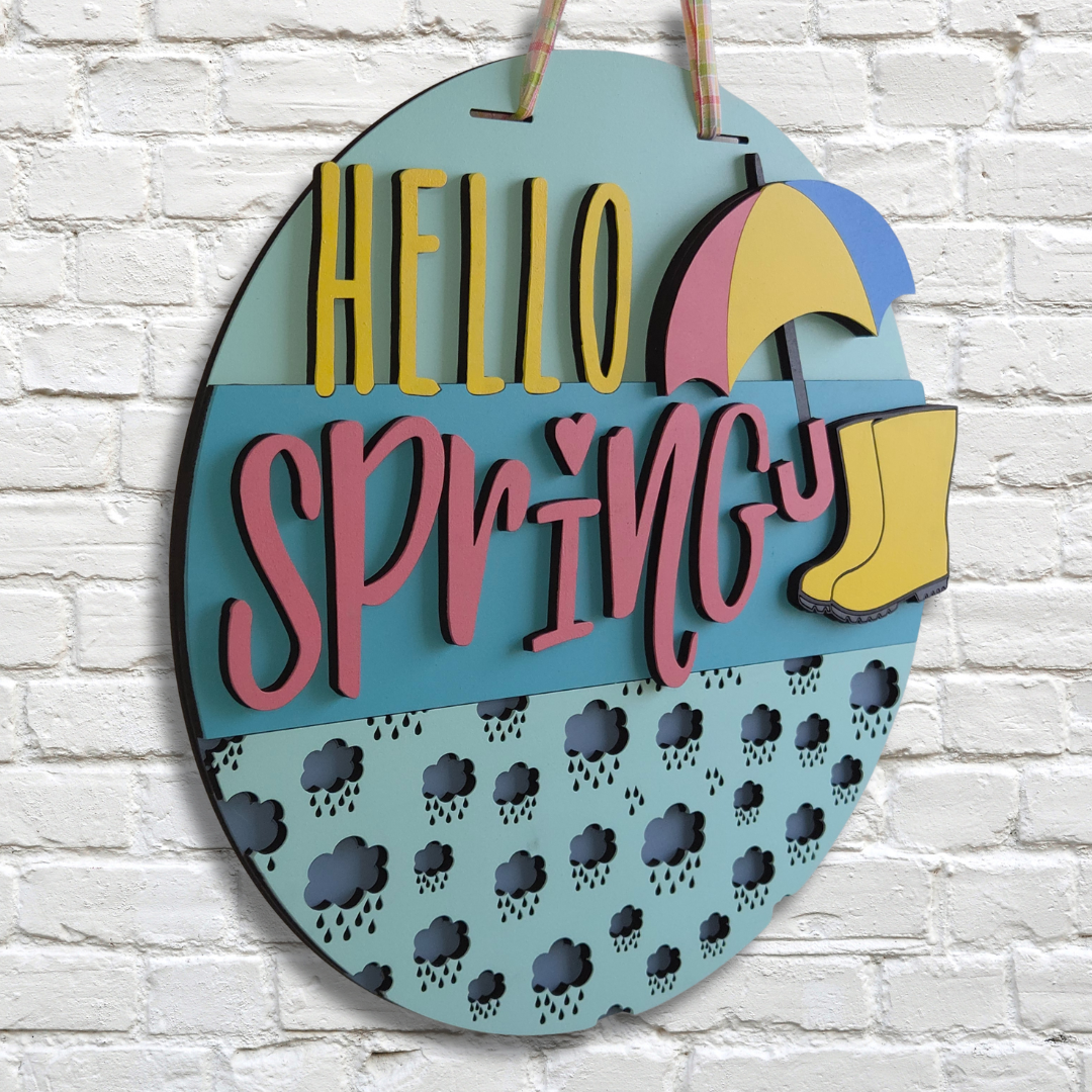 Hello Spring Door Hanger – Rain Boots & Umbrella Layered Wall Sign