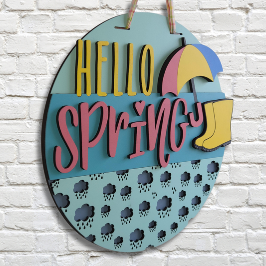 Hello Spring Door Hanger – Rain Boots & Umbrella Layered Wall Sign