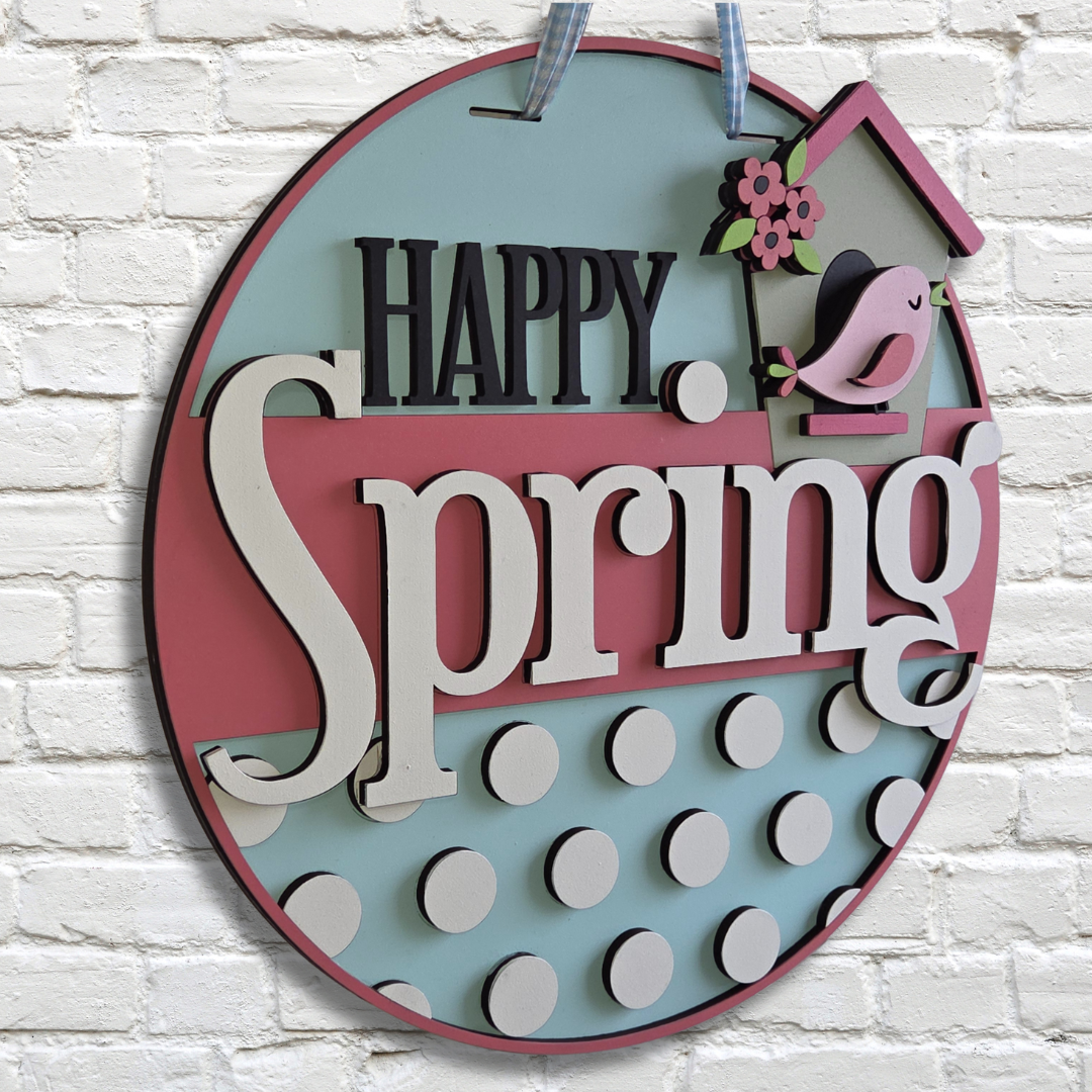Happy Spring Door Hanger – Layered Birdhouse & Polka Dot Welcome Sign