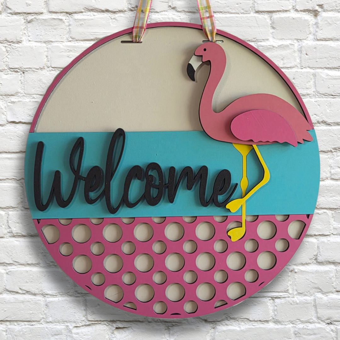 Welcome Flamingo Door Hanger – Tropical Summer Porch Sign