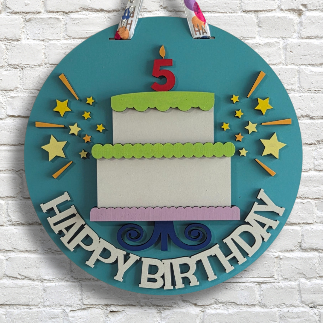 Happy Birthday Interchangeable Door Hanger – Reusable Cake Sign with Number Candles