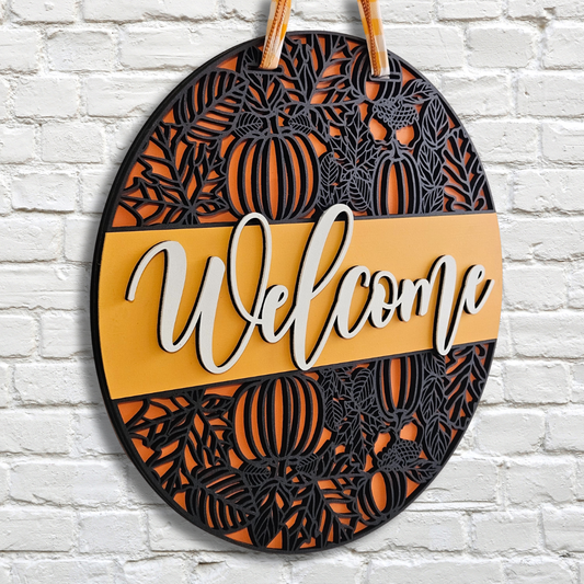 Welcome Pumpkin Door Hanger – Rustic Fall Front Door Sign