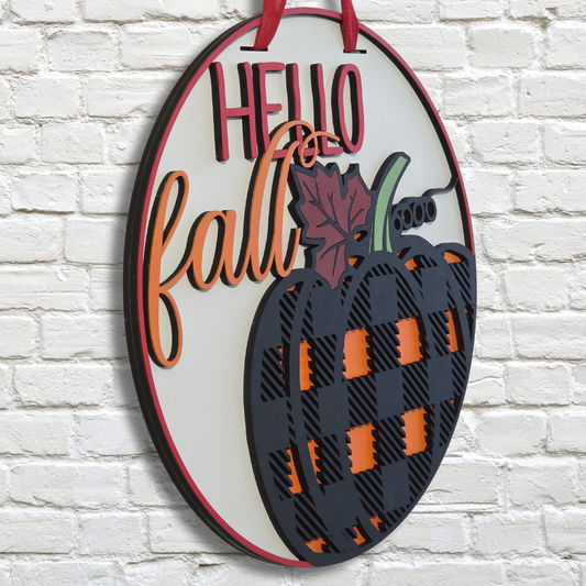 Hello Fall Pumpkin Door Hanger – Buffalo Plaid Autumn Front Door Sign