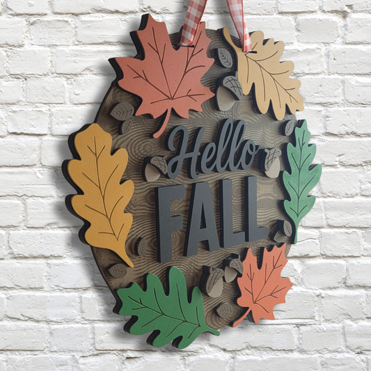 Hello Fall Big Leaves Door Hanger – Rustic Autumn Front Door Sign