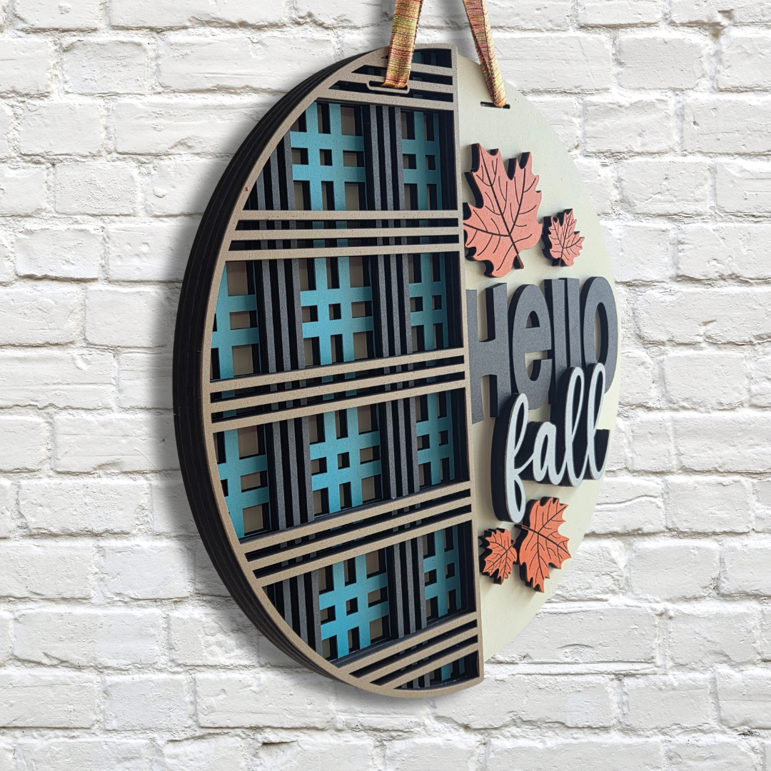 Hello Fall Door Hanger – Modern Plaid Autumn Front Door Sign