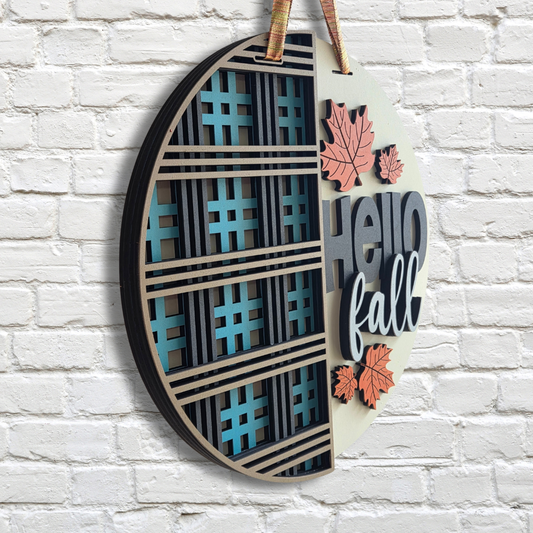 Hello Fall Door Hanger – Modern Plaid Autumn Front Door Sign