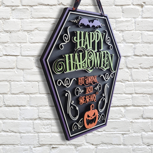 Happy Halloween Coffin Door Hanger – Eat, Drink, and Be Scary Front Door Sign