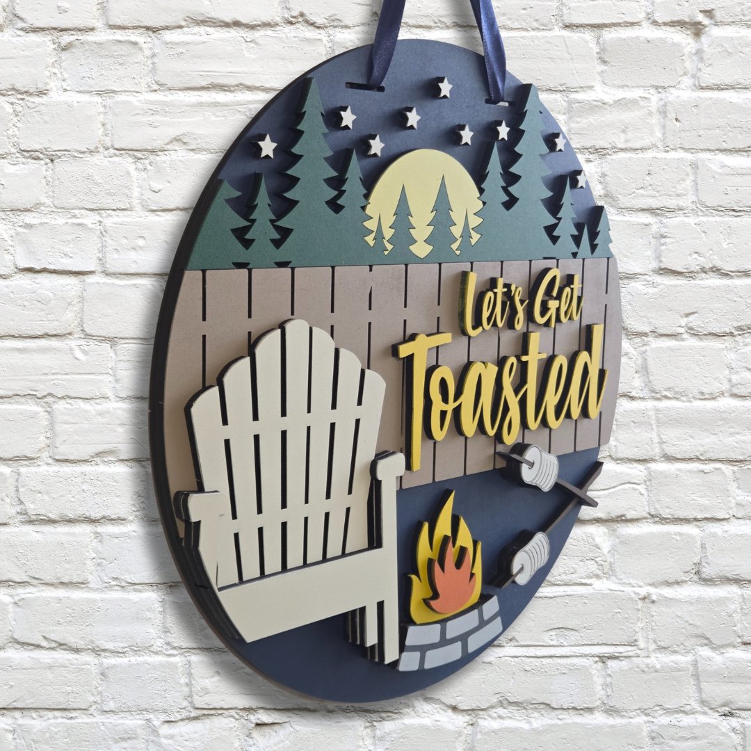 Let’s Get Toasted Door Hanger – Campfire & Marshmallow Front Door Sign