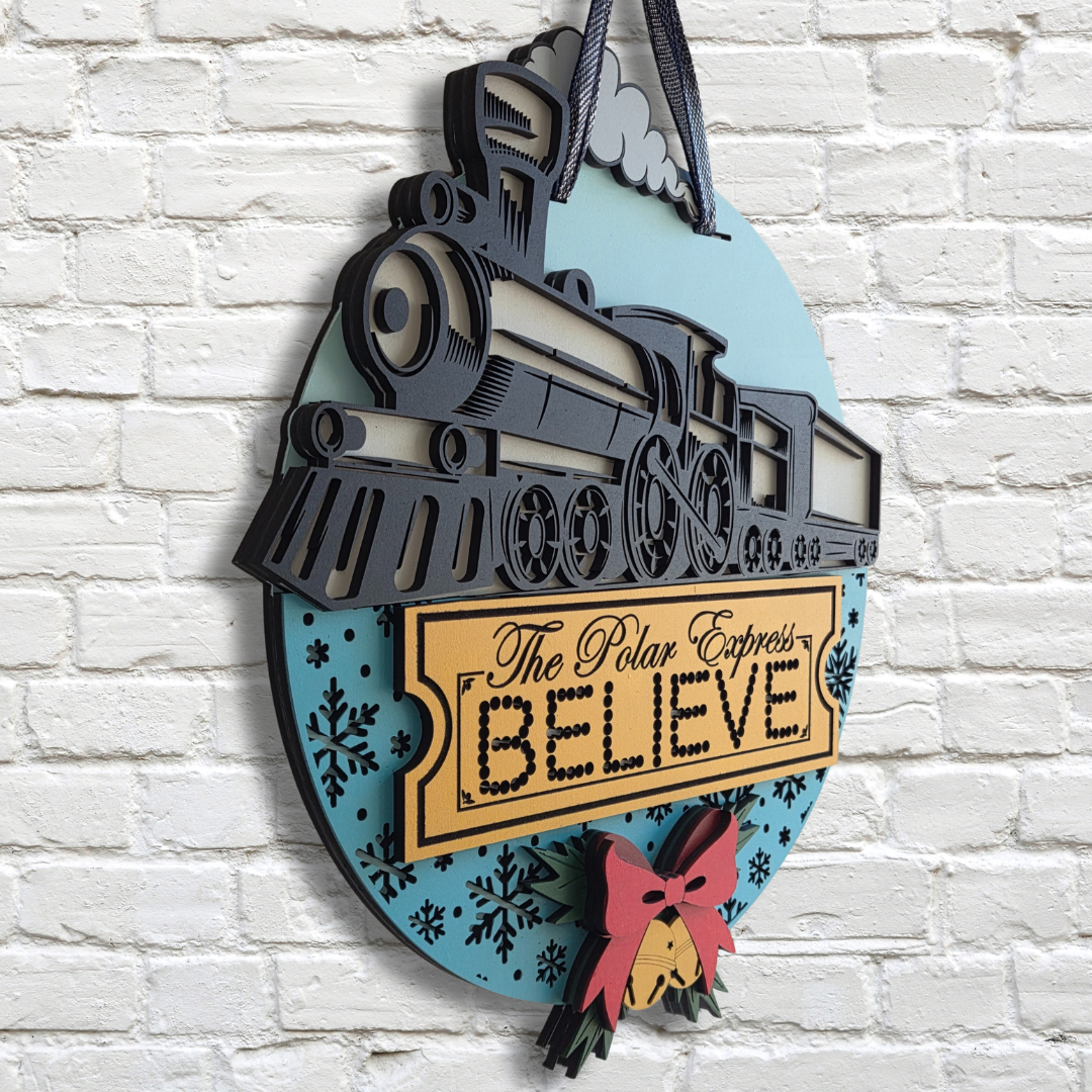 Polar Express “Believe” Door Hanger – Christmas Train Front Door Sign