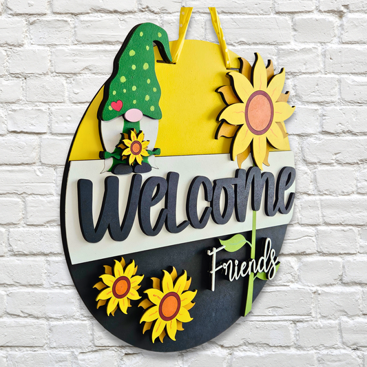 Welcome Gnome Sunflowers Door Hanger