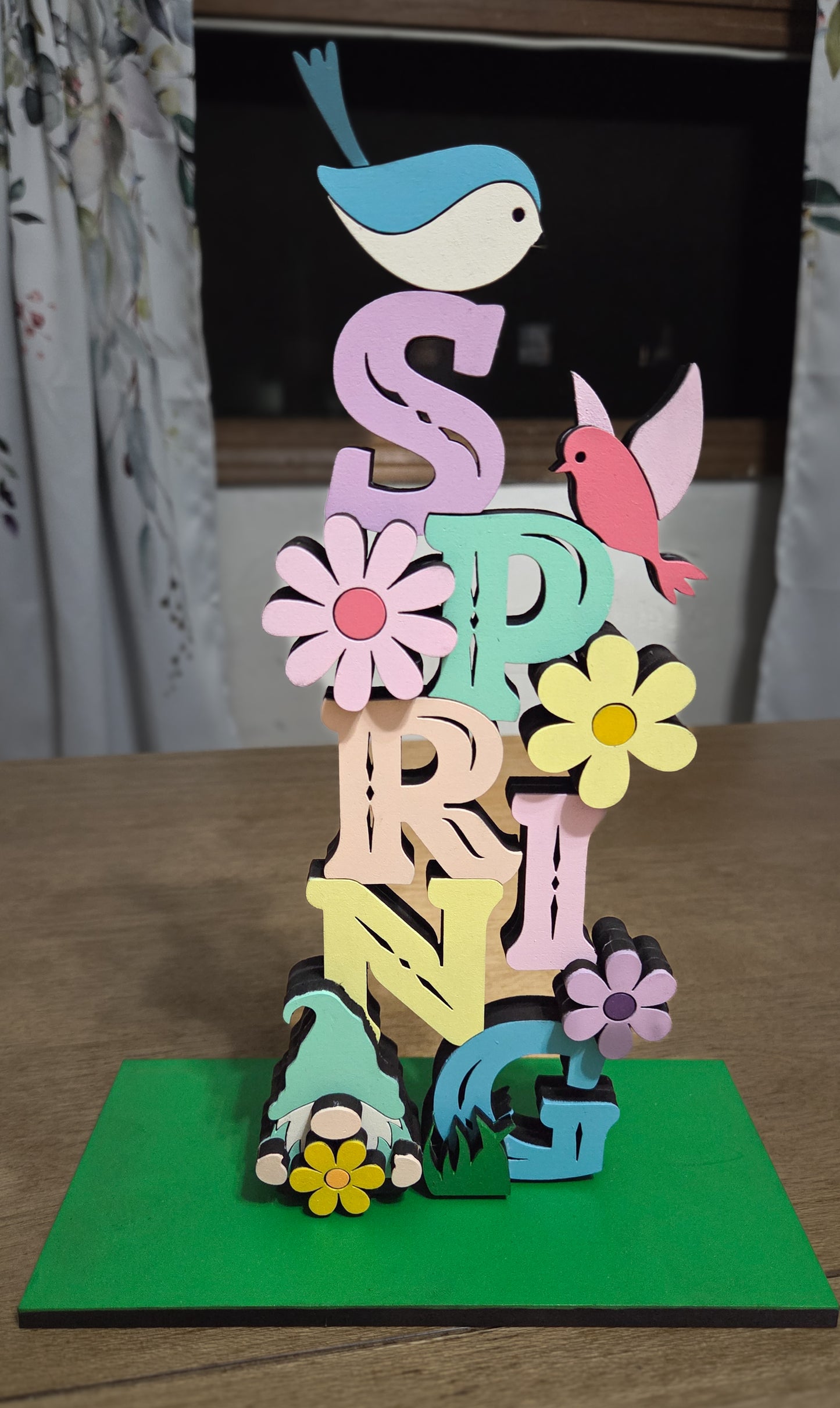 Spring Tabletop Stand – 3D Layered Wooden Sign with Birds, Flowers & Gnome