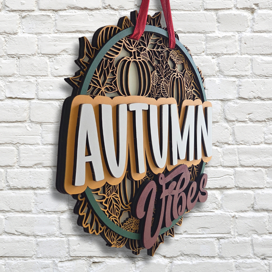 Autumn Vibes Door Hanger – Pumpkin & Leaves Fall Front Door Sign