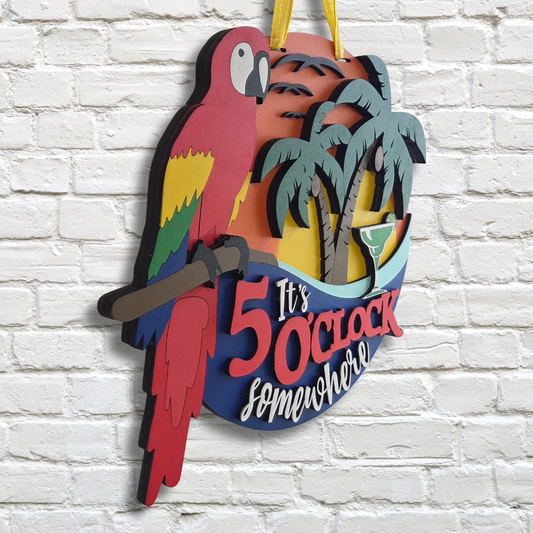 It’s 5 O’Clock Somewhere Door Hanger – Tropical Parrot & Palm Tree Sign