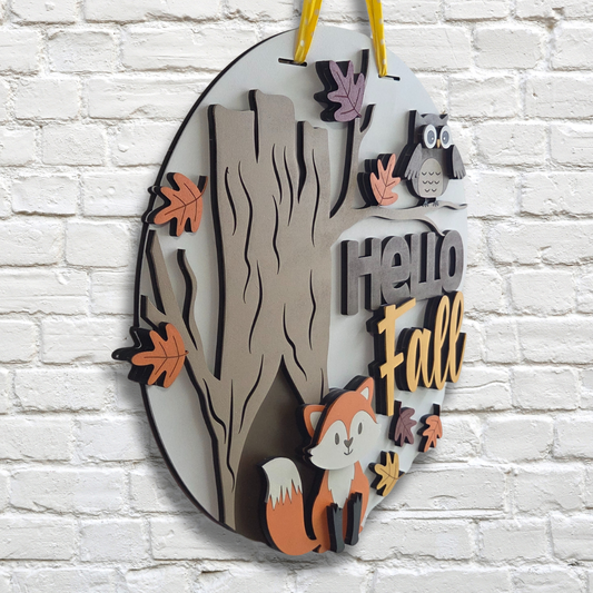 Hello Fall Woodland Door Hanger – Fox and Owl Autumn Front Door Sign