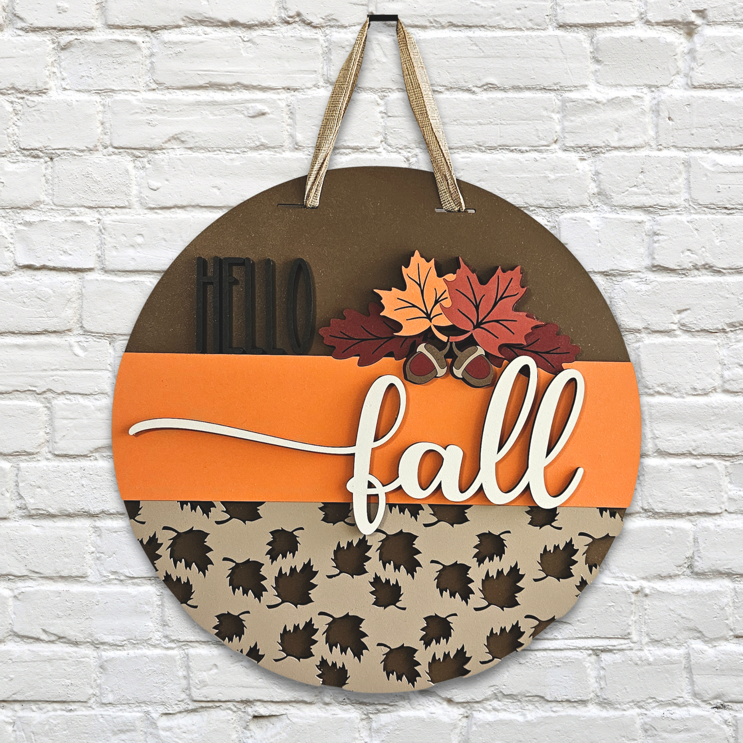 Hello Fall Leaves & Acorns Door Hanger – Autumn Front Door Sign