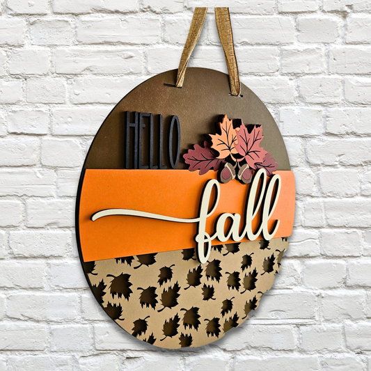 Hello Fall Leaves & Acorns Door Hanger – Autumn Front Door Sign