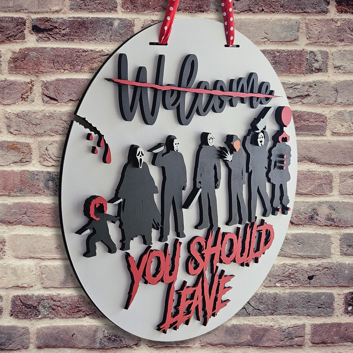 You Should Leave Horror Door Hanger – Scary Halloween Front Door Sign