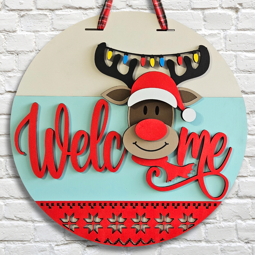 Festive Reindeer Welcome Door Hanger – Christmas Sweater Style Décor