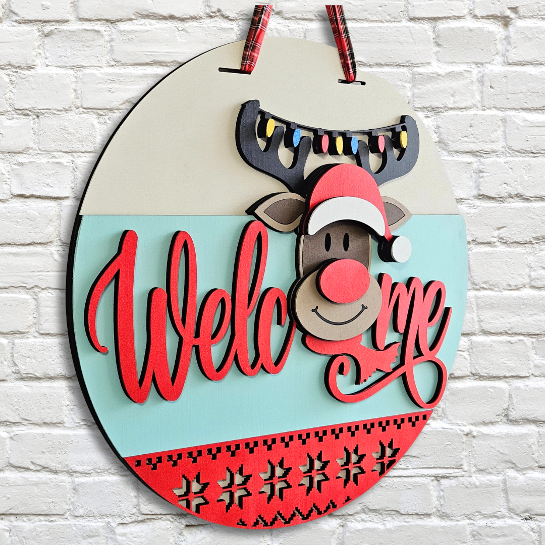 Festive Reindeer Welcome Door Hanger – Christmas Sweater Style Décor