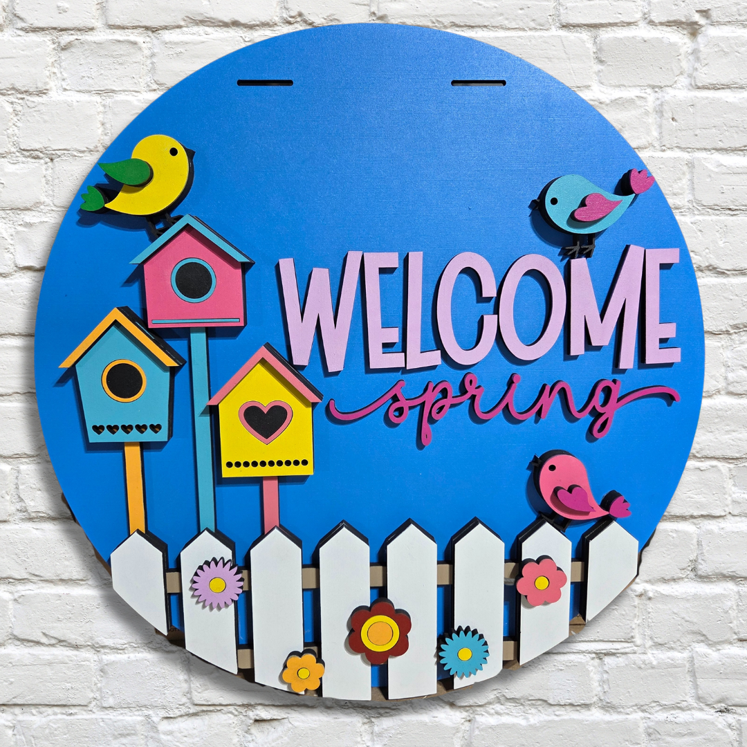 Welcome Spring Birdhouses Door Hanger