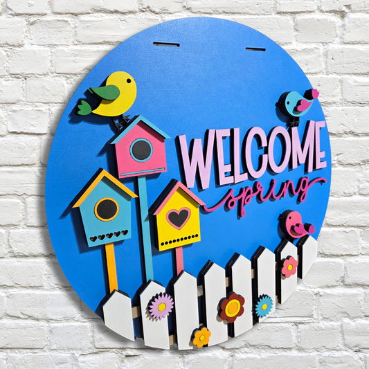 Welcome Spring Birdhouses Door Hanger