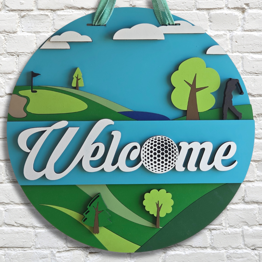 Golf Welcome Door Hanger – Golf Ball Front Door Sign with Male or Female Golfer