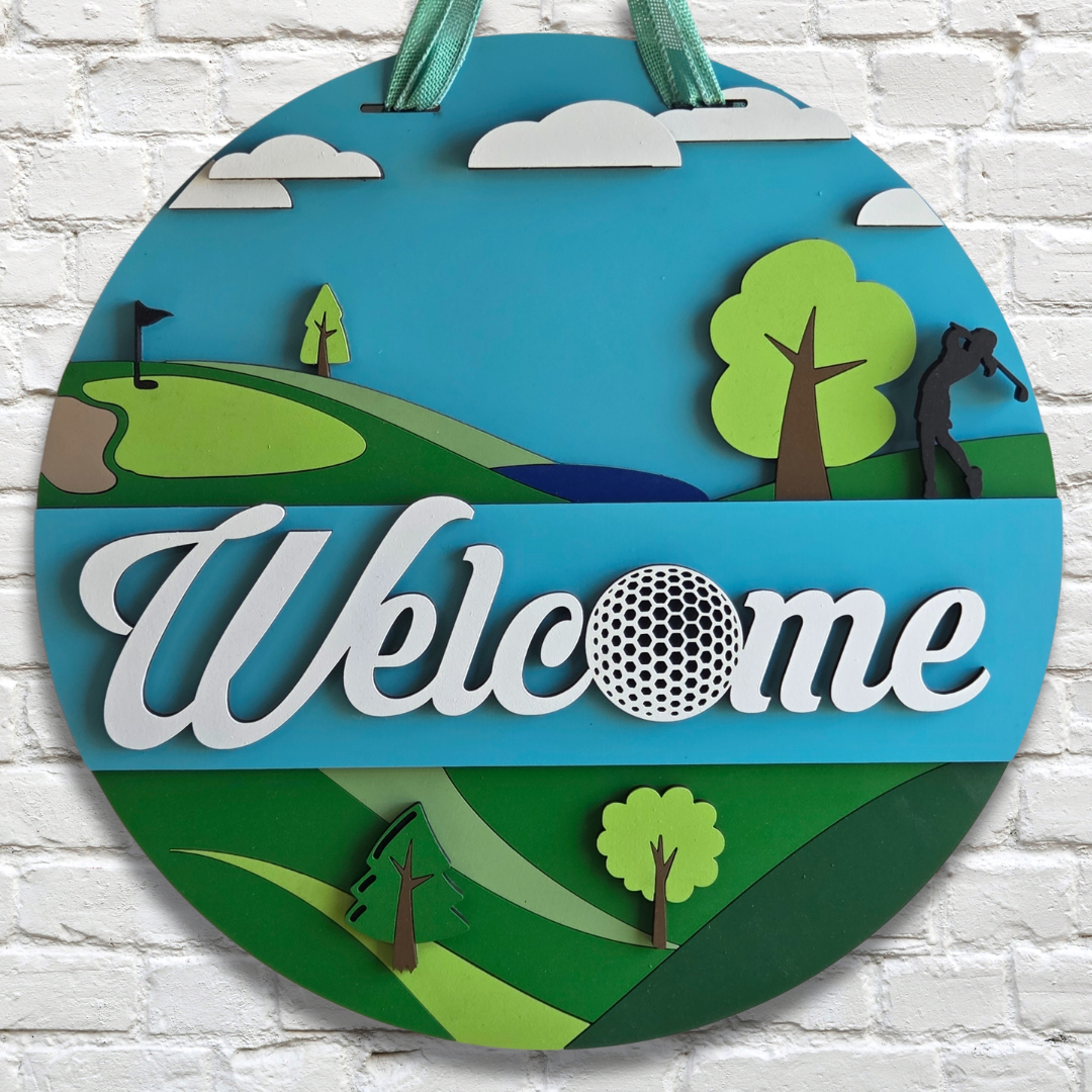 Golf Welcome Door Hanger – Golf Ball Front Door Sign with Male or Female Golfer