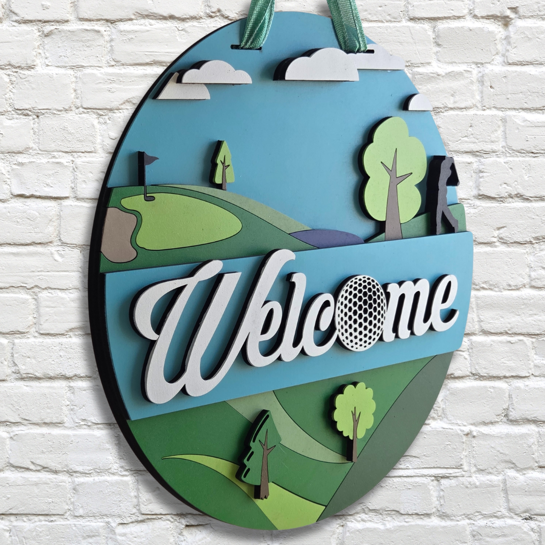 Golf Welcome Door Hanger – Golf Ball Front Door Sign with Male or Female Golfer