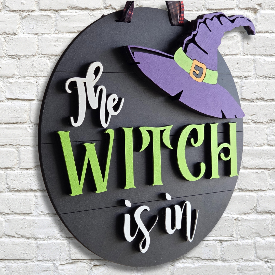 The Witch Is In Door Hanger – Halloween Witch Hat Front Door Sign