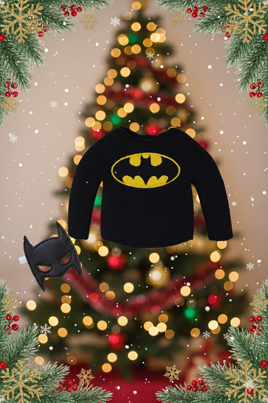 Bat Vigilante Elf Costume – Embroidered Fleece Sweater & Vinyl Mask Set for Mini Elves