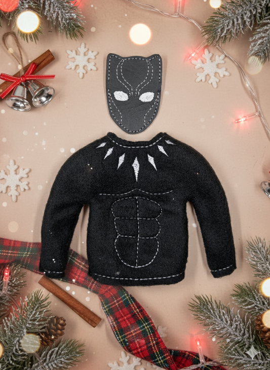 Panther Hero Black Elf Costume – Embroidered Superhero Elf Outfit with Mask