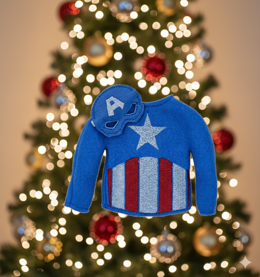 Captain USA Elf Costume – Embroidered Fleece Superhero Outfit with Vinyl Mask