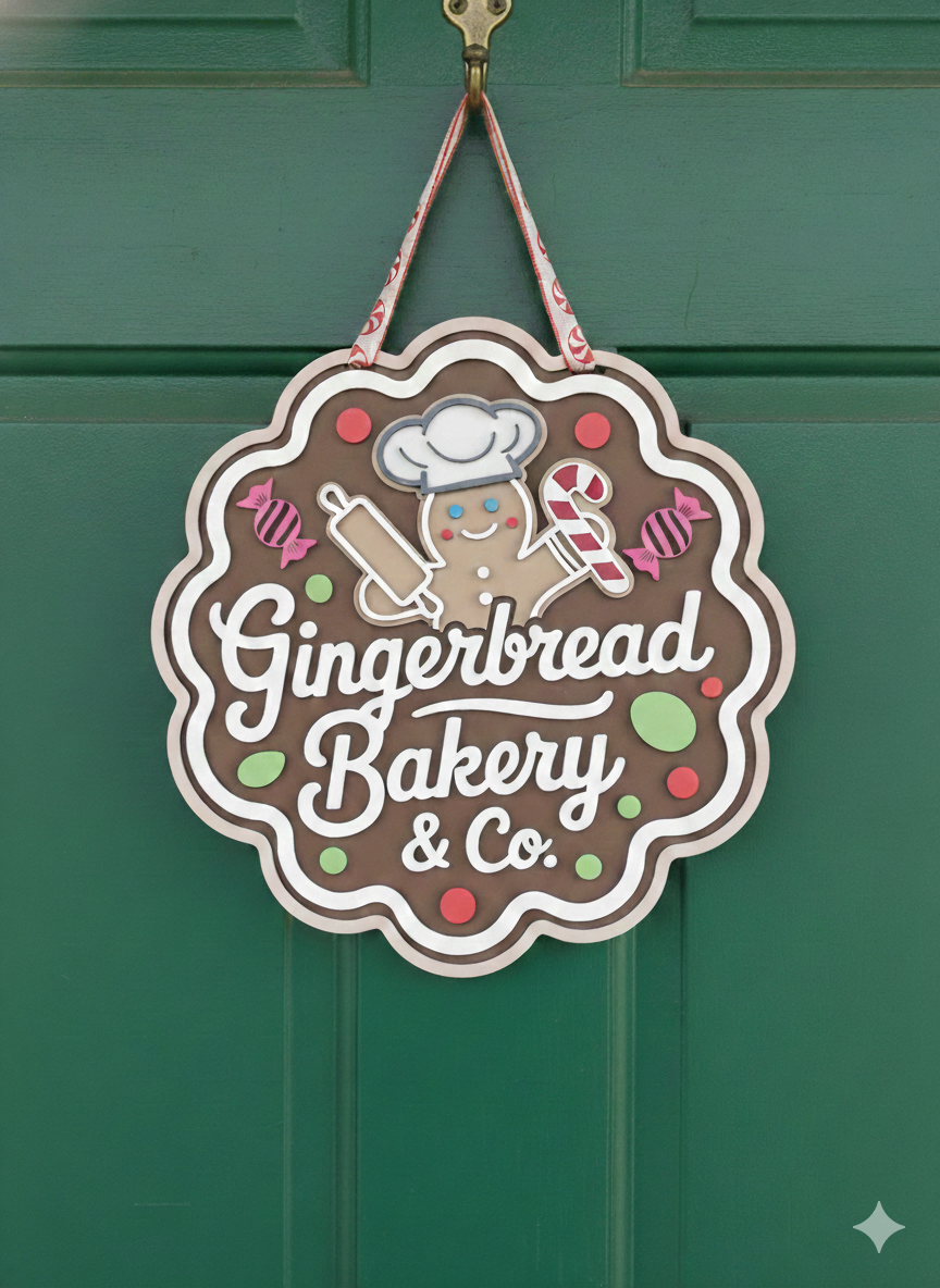 Gingerbread Bakery Door Hanger – Christmas Cookie Shop Front Door Sign