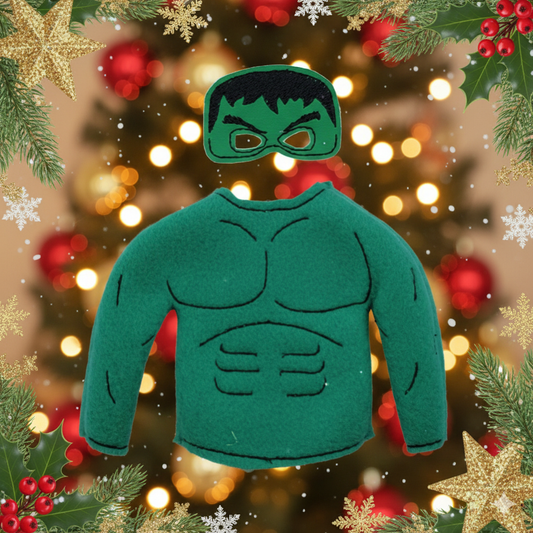 Green Strong Man Elf Costume – Embroidered Superhero Elf Outfit with Mask