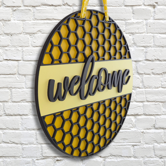Honeycomb Welcome Door Hanger – Layered 3D Hexagon Design for Front Porch or Entryway
