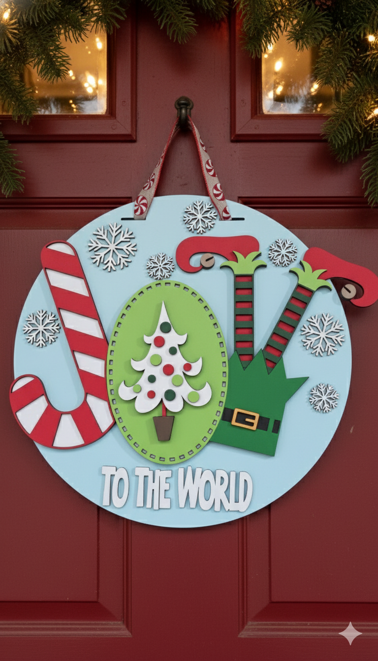 Joy to the World Door Hanger – Christmas Candy Cane & Elf Design