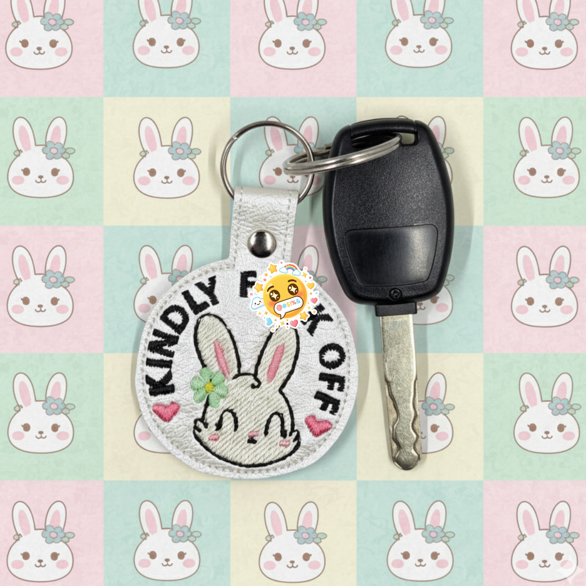 Kindly Fuck Off Embroidered Keychain | Cute but Sassy Bunny Vinyl Keychain