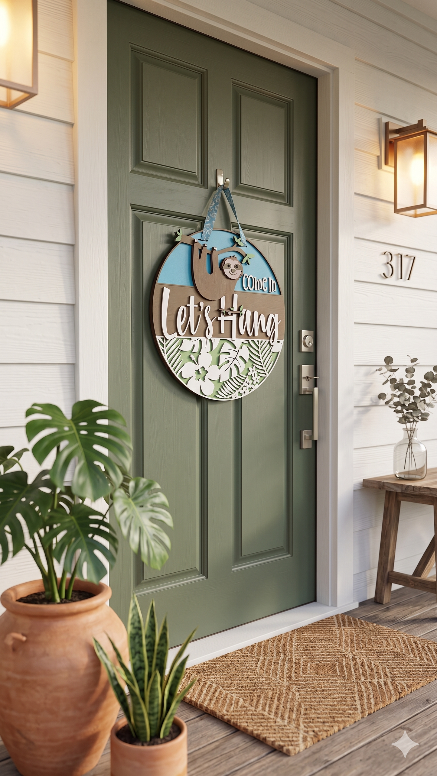 Sloth "Let's Hang" – Layered Wooden Door Hanger