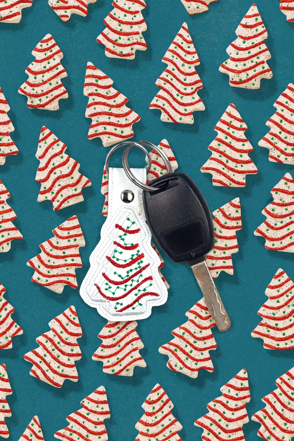 Christmas Tree Cake Embroidered Keychain | Vinyl Holiday Keychain
