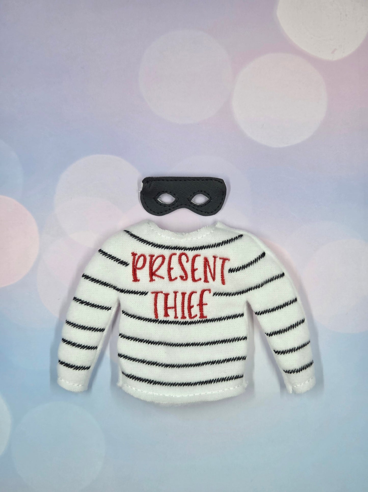 Present Thief Elf Costume – Striped Bandit Holiday Outfit with Mask