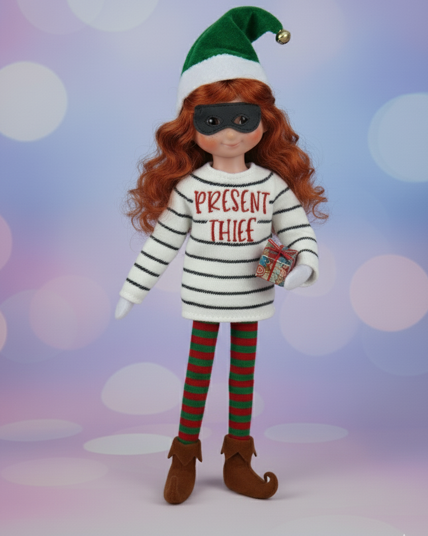 Present Thief Elf Costume – Striped Bandit Holiday Outfit with Mask