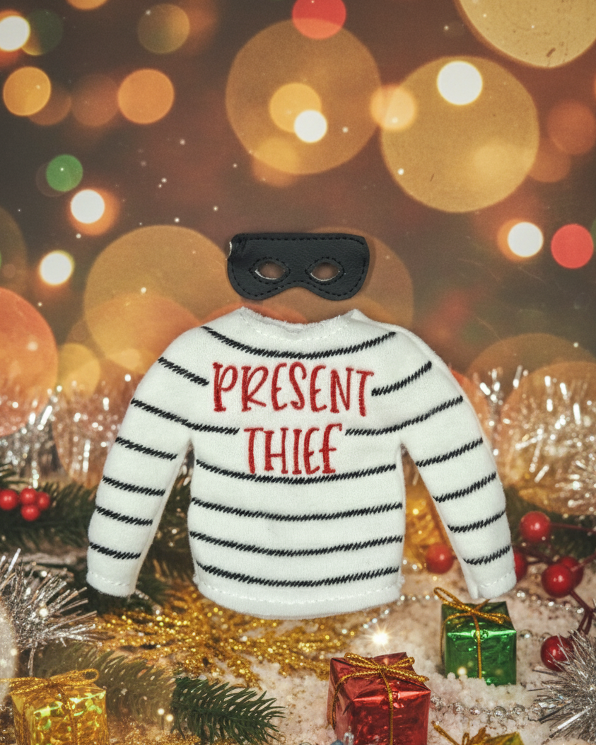 Present Thief Elf Costume – Striped Bandit Holiday Outfit with Mask