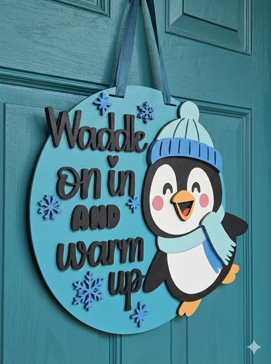 Waddle On In Penguin Door Hanger – Winter Welcome Front Door Sign