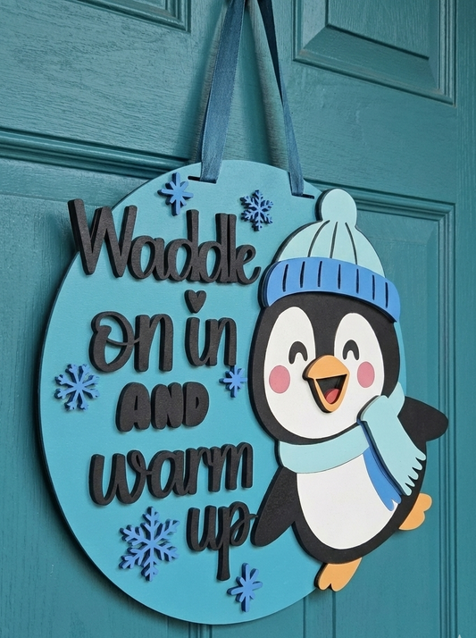 Waddle On In Penguin Door Hanger – Winter Welcome Front Door Sign