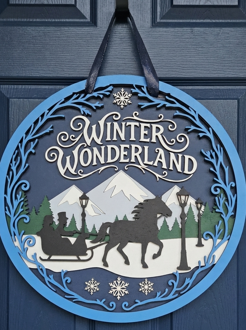 Winter Wonderland Door Hanger – Elegant Winter Scene Front Door Sign