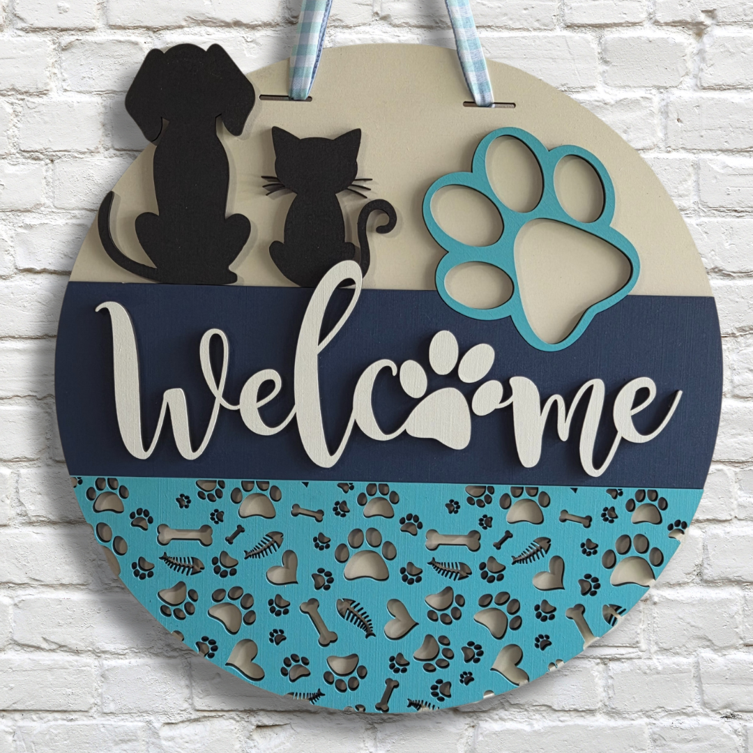 Dog and Cat Paw Welcome Door Hanger – Pet Lover Front Door Sign