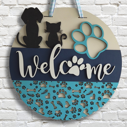 Dog and Cat Paw Welcome Door Hanger – Pet Lover Front Door Sign