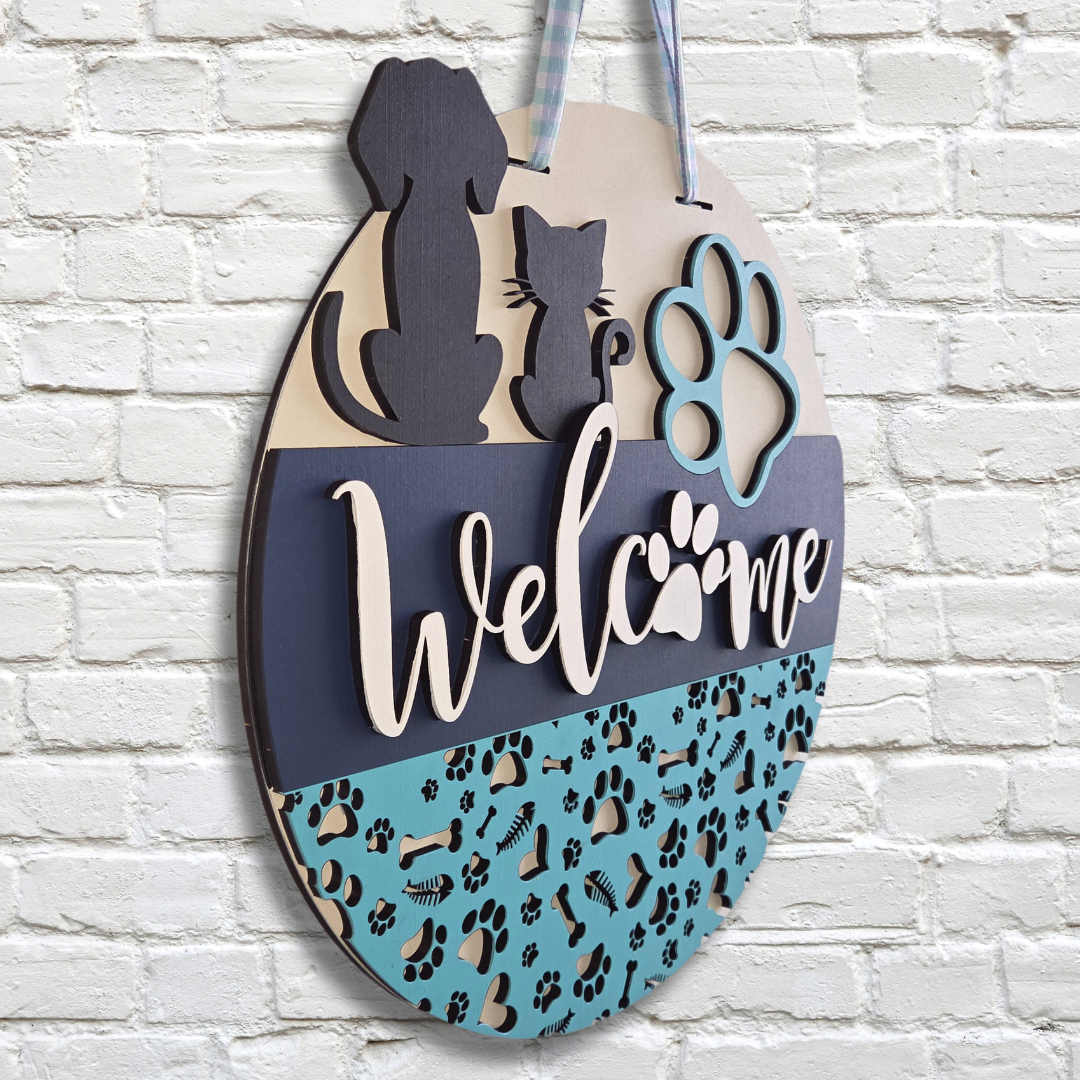 Dog and Cat Paw Welcome Door Hanger – Pet Lover Front Door Sign