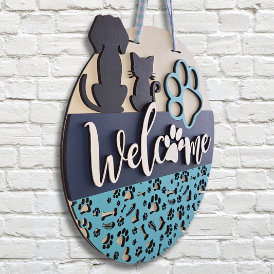 Dog and Cat Paw Welcome Door Hanger – Pet Lover Front Door Sign